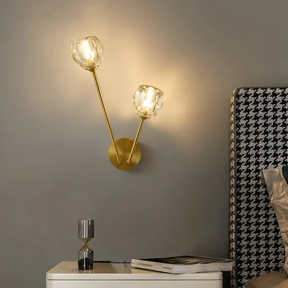 Minimalistic brass branch wall light with frosted glass for bedroom