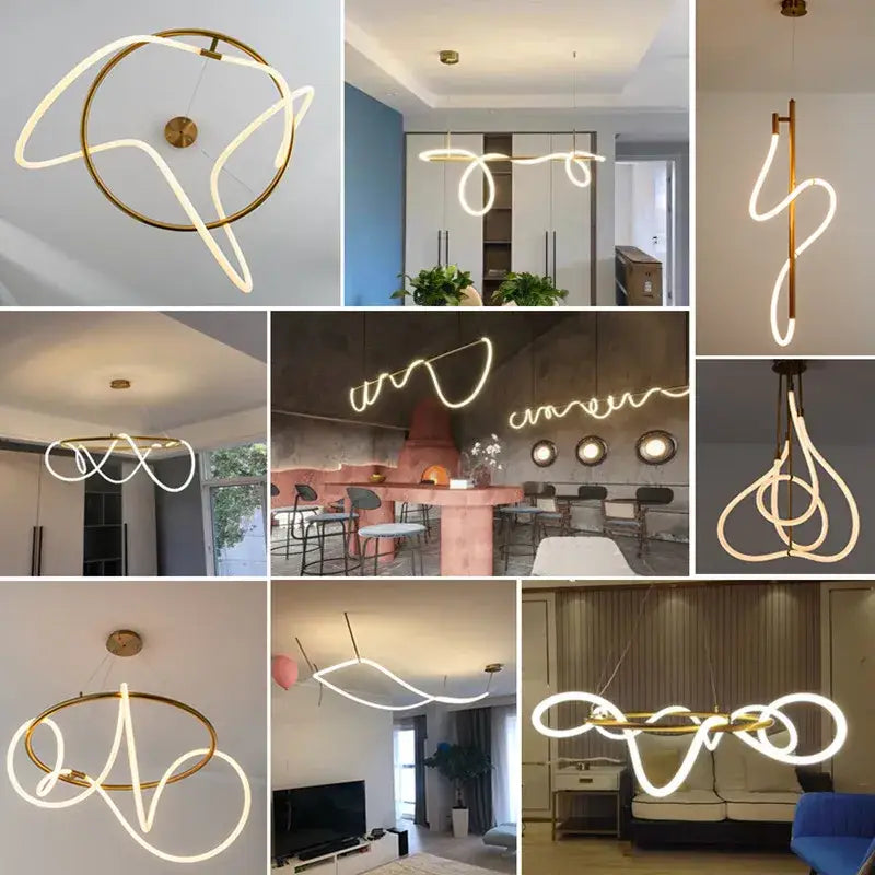 Modern abstract white & gold lines chandelier dining room light