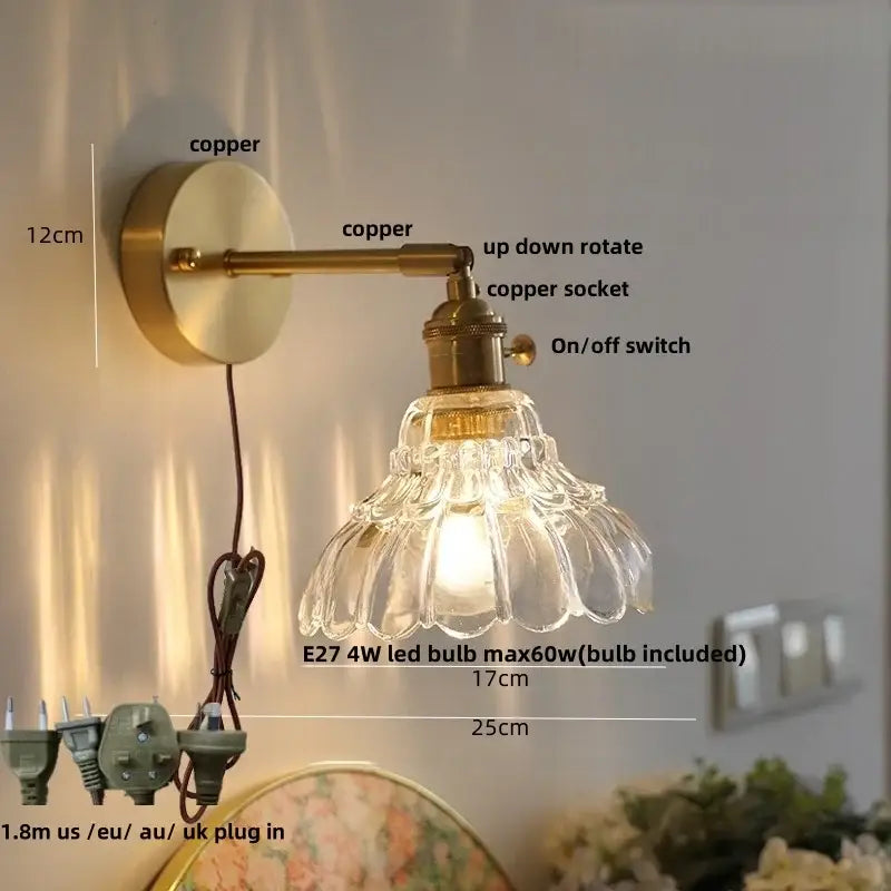 Modern amber clear glass wall sconce bedroom rotating brass lamp