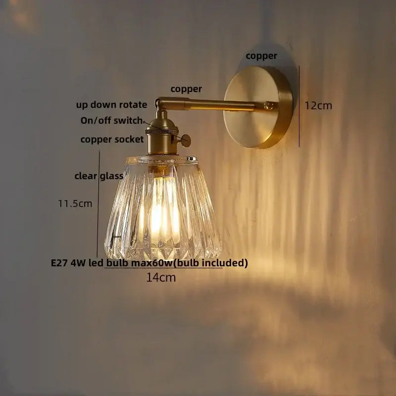 Modern amber clear glass wall sconce bedroom rotating brass lamp