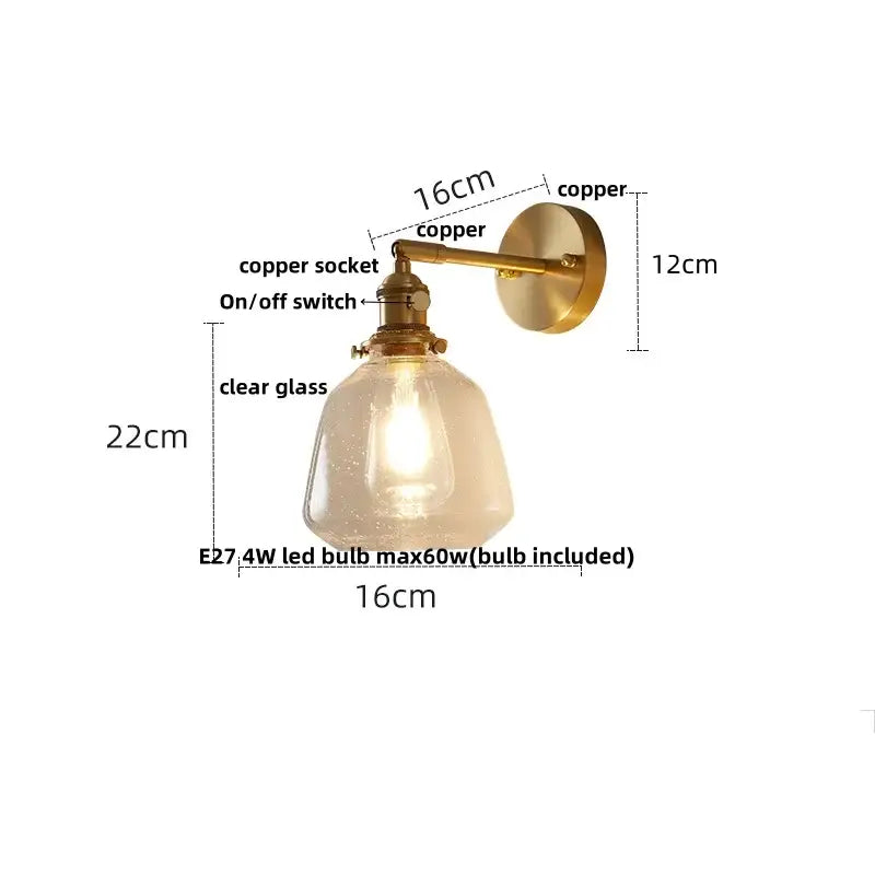 Modern amber clear glass wall sconce bedroom rotating brass lamp