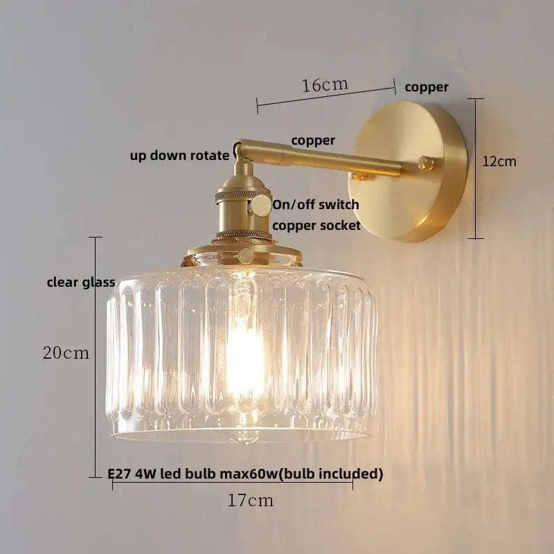 Modern amber clear glass wall sconce bedroom rotating brass lamp