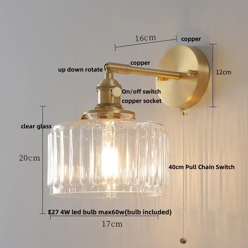 Modern amber clear glass wall sconce bedroom rotating brass lamp