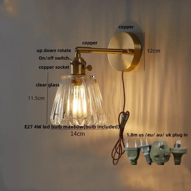 Modern amber clear glass wall sconce bedroom rotating brass lamp