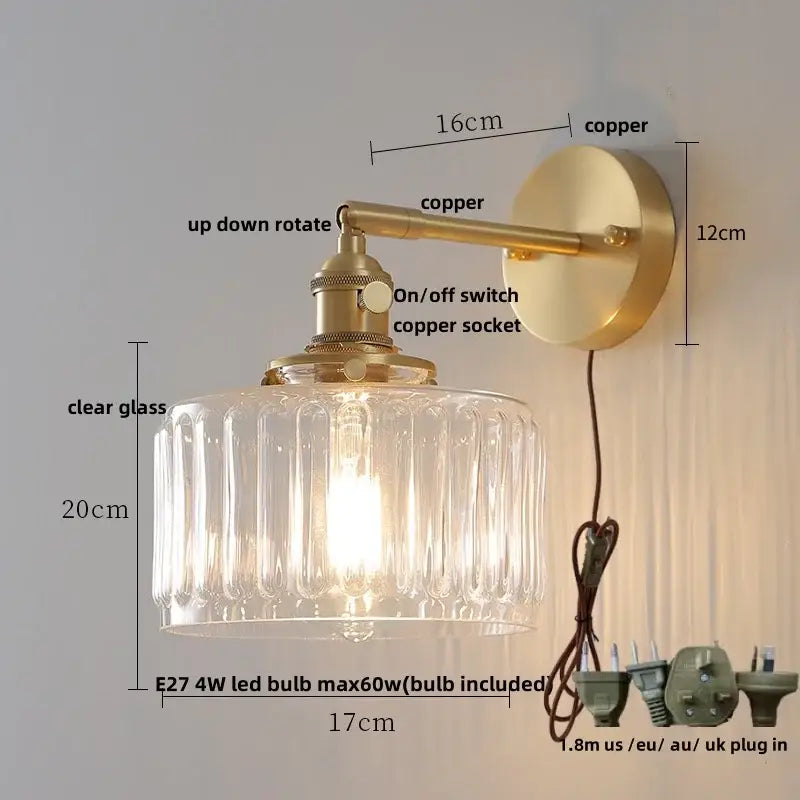 Modern amber clear glass wall sconce bedroom rotating brass lamp