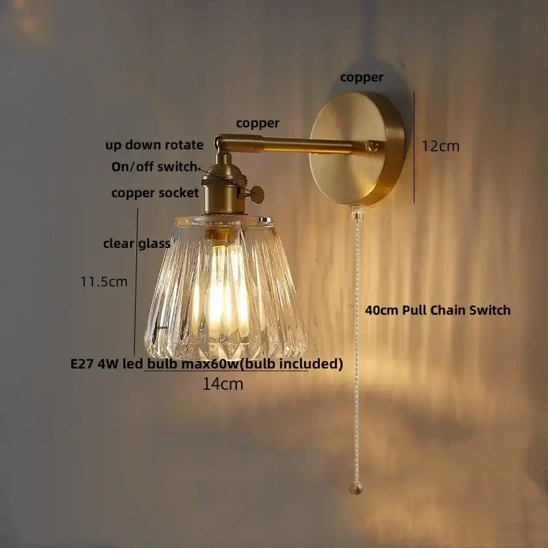 Modern amber clear glass wall sconce bedroom rotating brass lamp