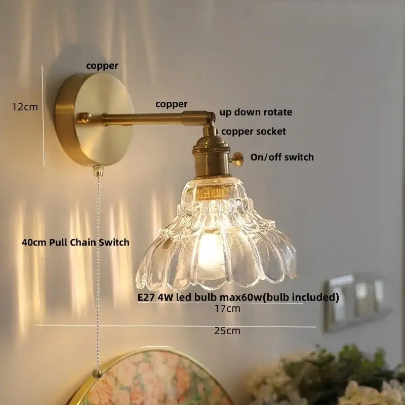Modern amber clear glass wall sconce bedroom rotating brass lamp