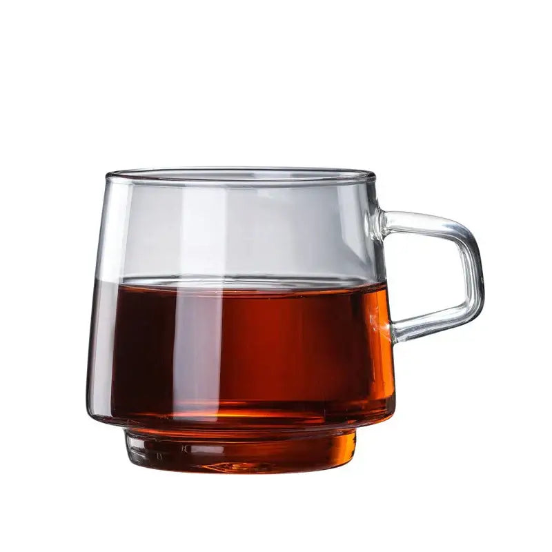 Modern amber glass coffee mug with black rim for kitchen dining room