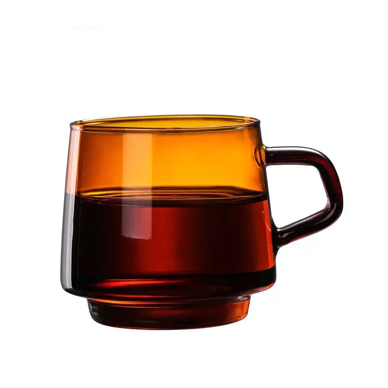 Modern amber glass coffee mug with black rim for kitchen dining room