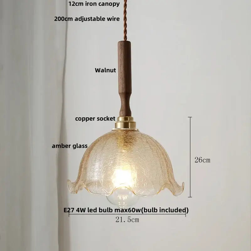 Modern amber glass led pendant lamp dining room walnut wood accent