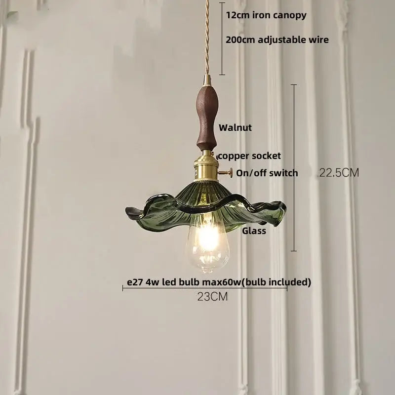 Modern amber glass led pendant lamp dining room walnut wood accent