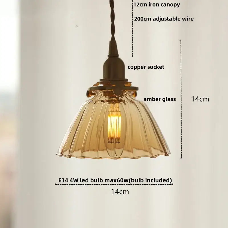 Modern amber glass led pendant light kitchen fluted scalloped lamp