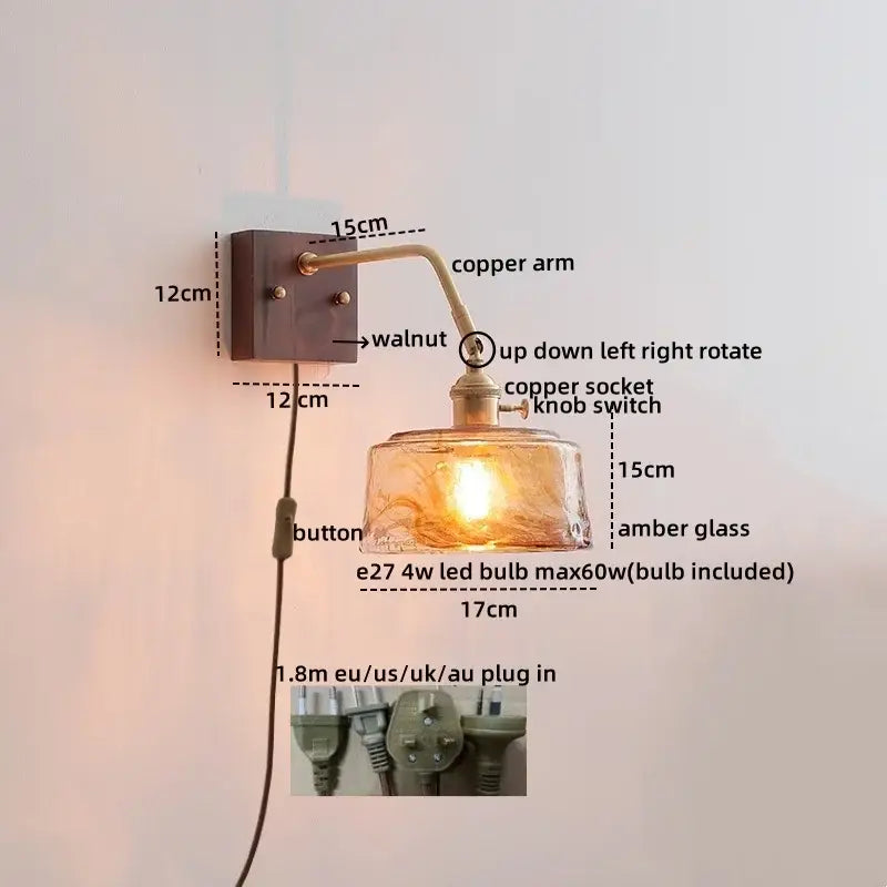 Modern amber glass led wall sconce bedroom brass pull chain light