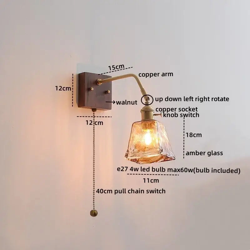 Modern amber glass led wall sconce bedroom brass pull chain light