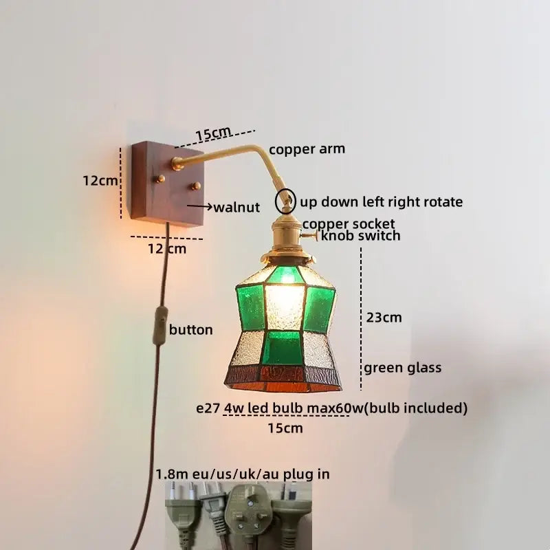 Modern amber glass led wall sconce bedroom brass pull chain light