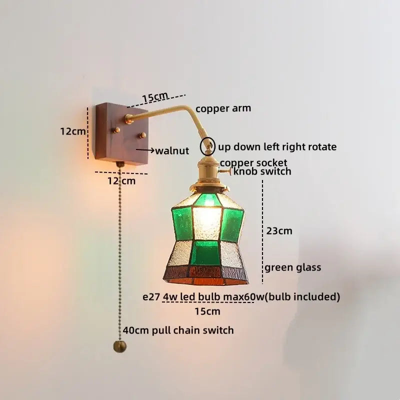 Modern amber glass led wall sconce bedroom brass pull chain light