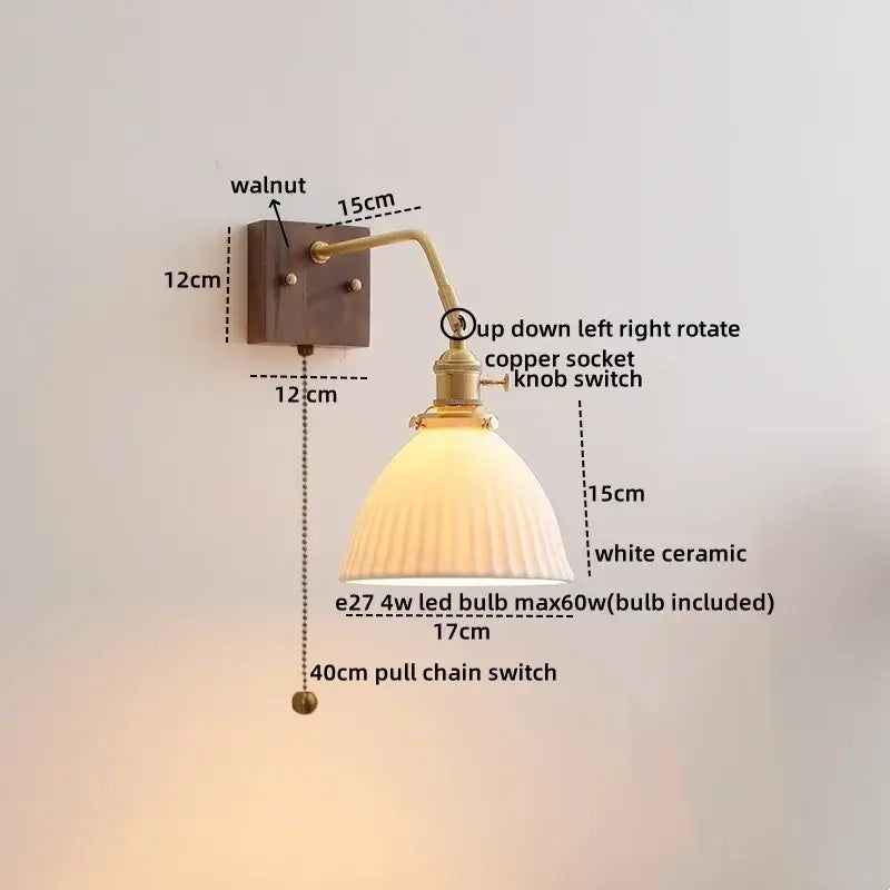 Modern amber glass led wall sconce bedroom brass pull chain light