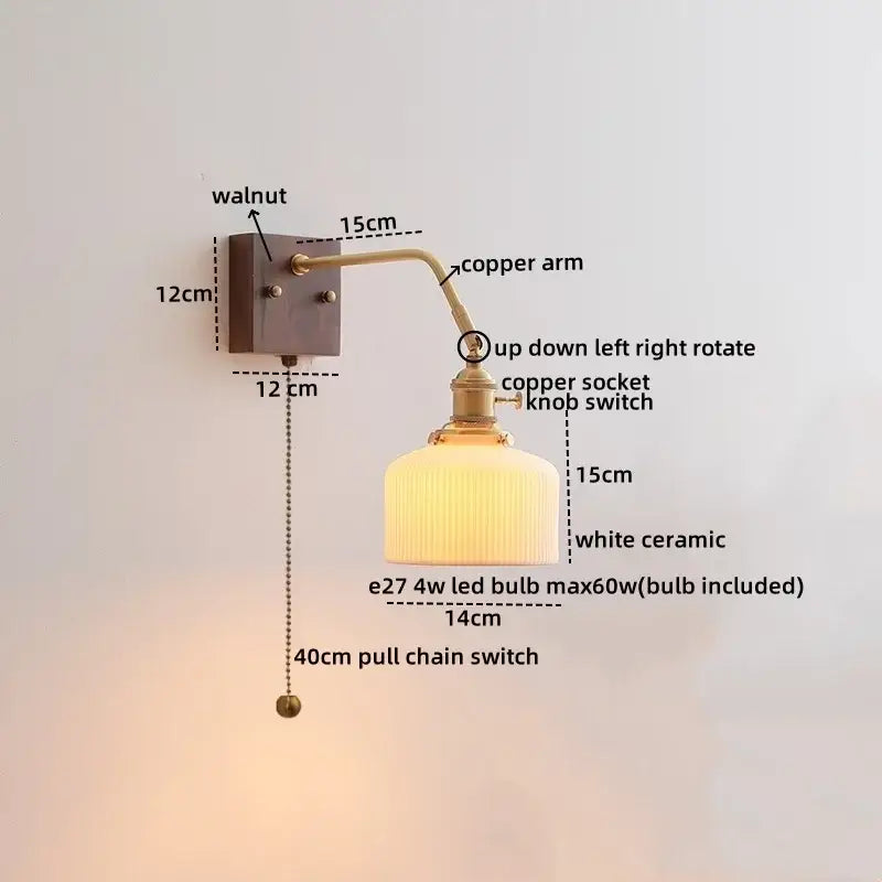 Modern amber glass led wall sconce bedroom brass pull chain light