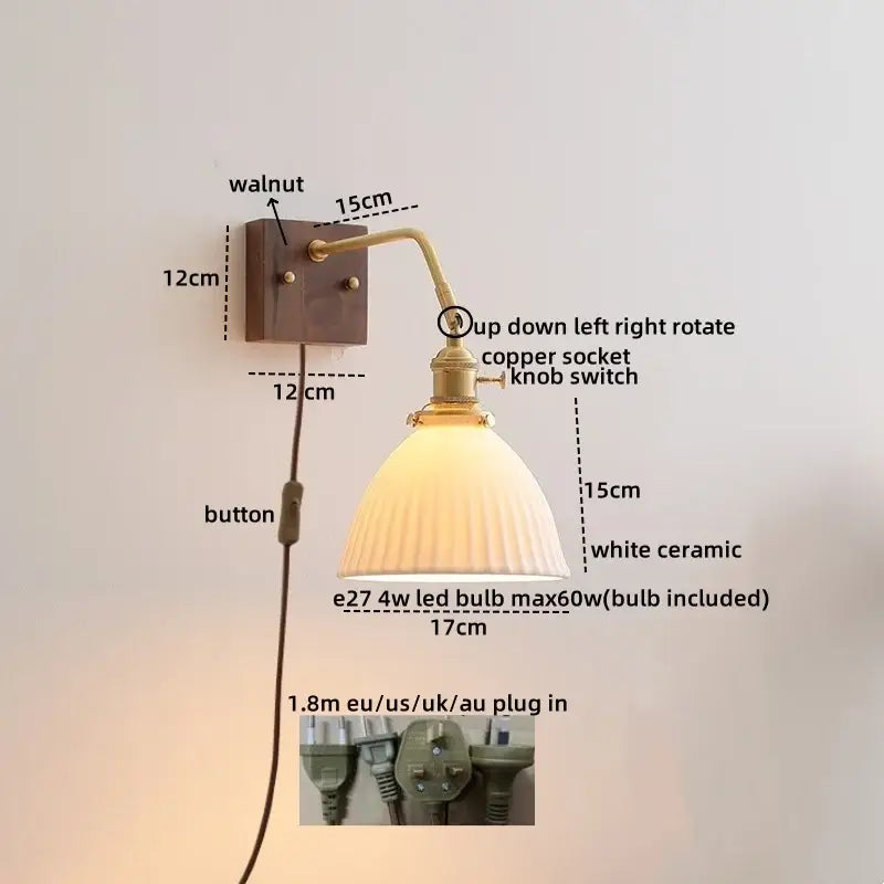 Modern amber glass led wall sconce bedroom brass pull chain light