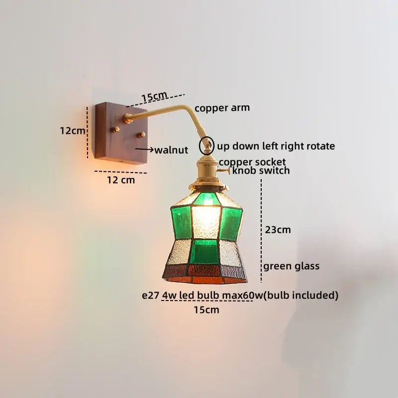 Modern amber glass led wall sconce bedroom brass pull chain light