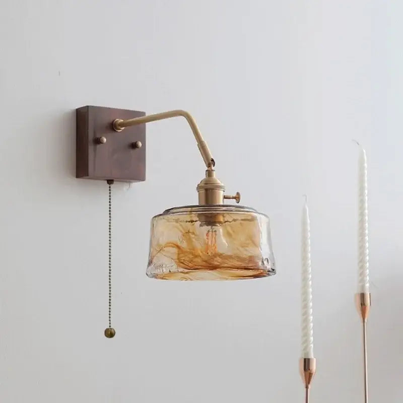 Modern amber glass led wall sconce bedroom brass pull chain light