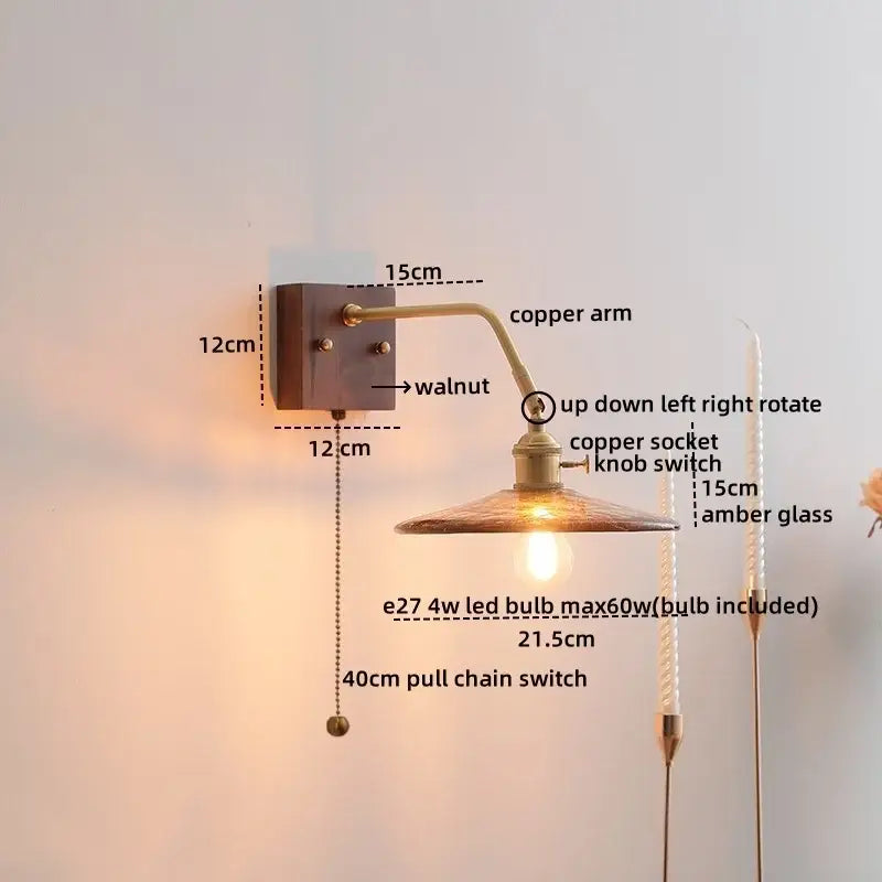 Modern amber glass led wall sconce bedroom brass pull chain light