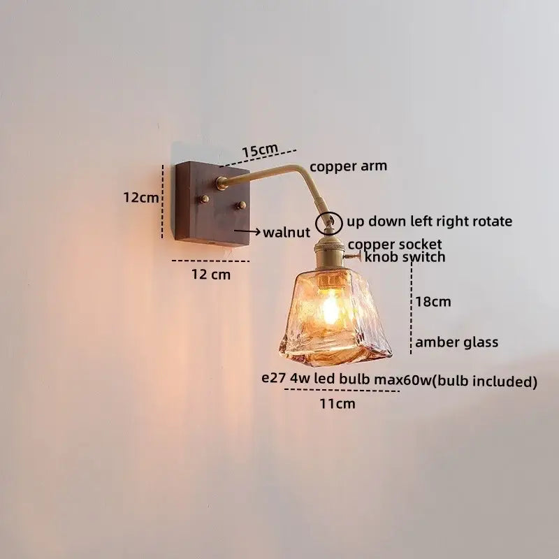 Modern amber glass led wall sconce bedroom brass pull chain light