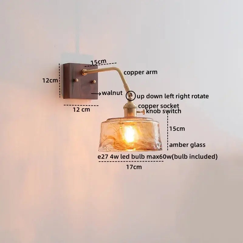 Modern amber glass led wall sconce bedroom brass pull chain light