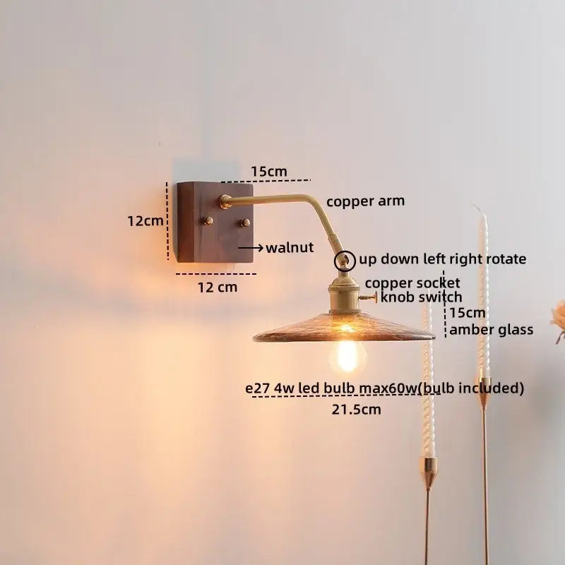 Modern amber glass led wall sconce bedroom brass pull chain light