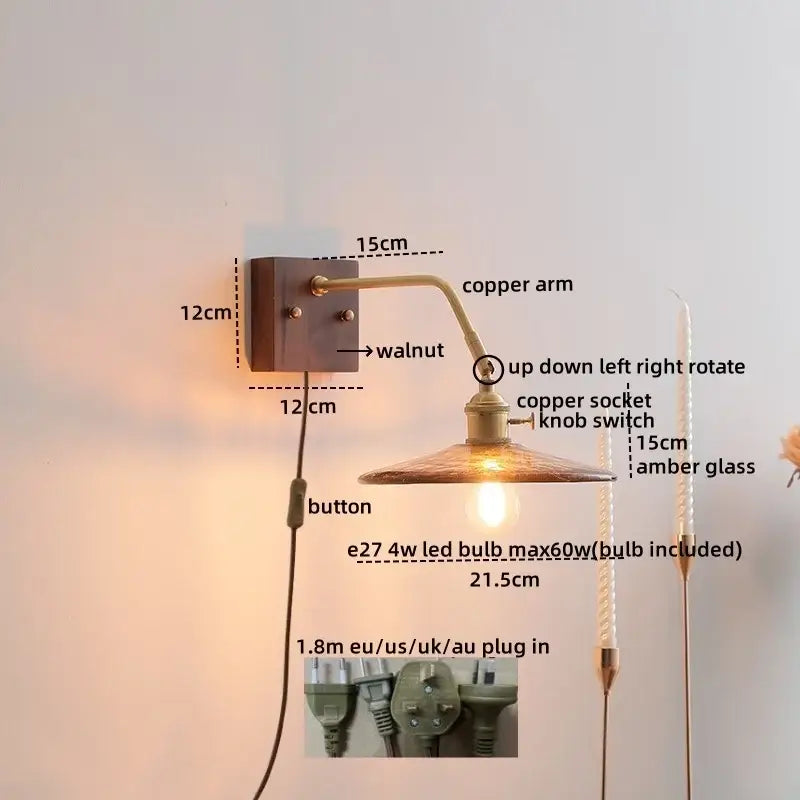 Modern amber glass led wall sconce bedroom brass pull chain light