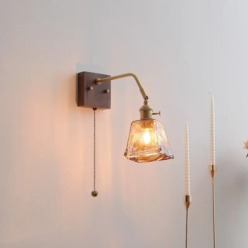 Modern amber glass led wall sconce bedroom brass pull chain light