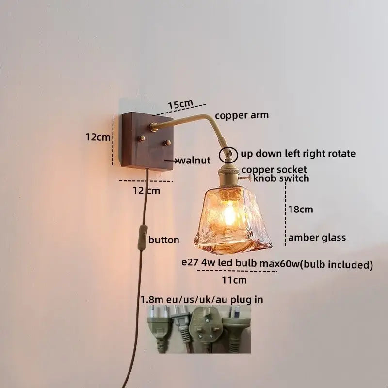 Modern amber glass led wall sconce bedroom brass pull chain light