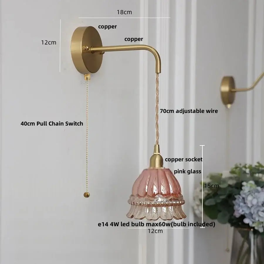 Modern antique brass amber glass led wall light bedroom sconce