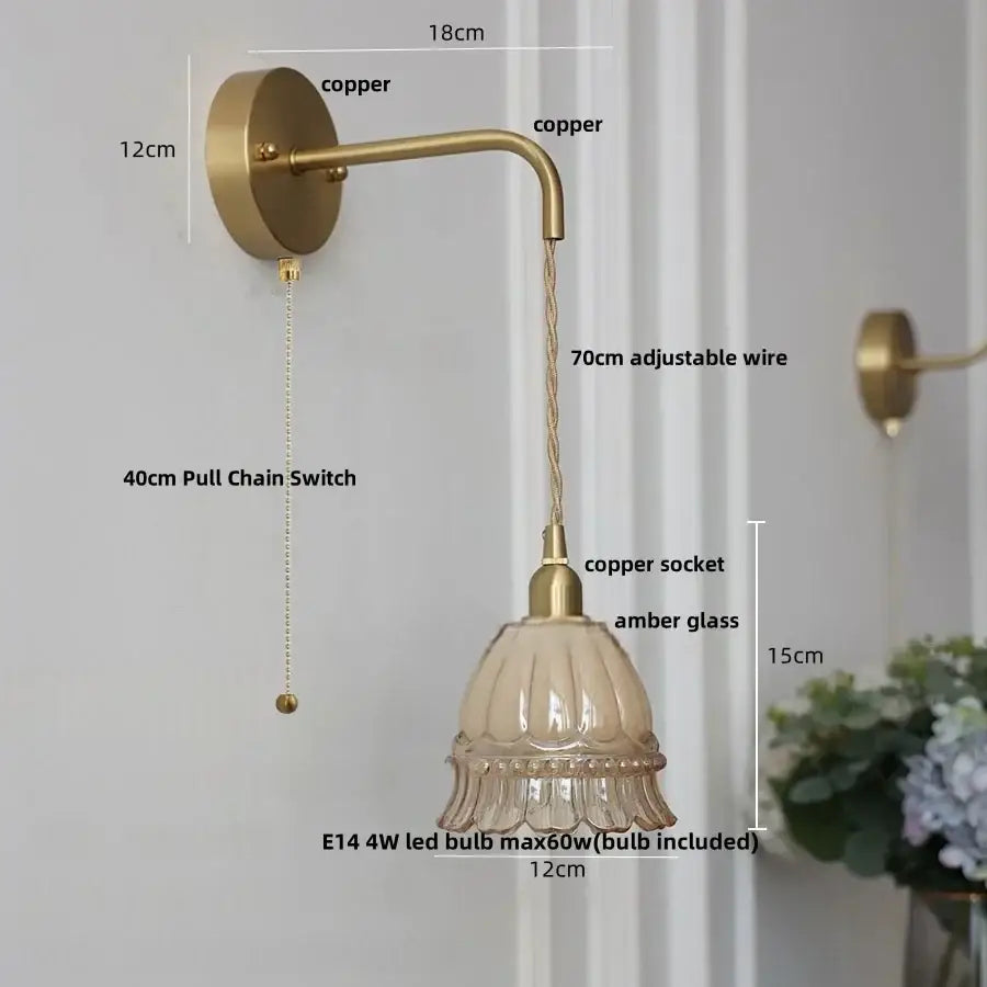 Modern antique brass amber glass led wall light bedroom sconce
