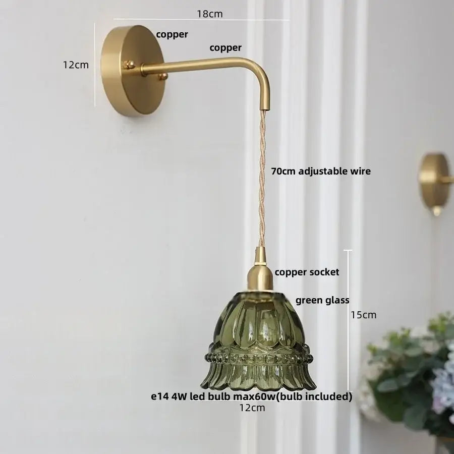 Modern antique brass amber glass led wall light bedroom sconce