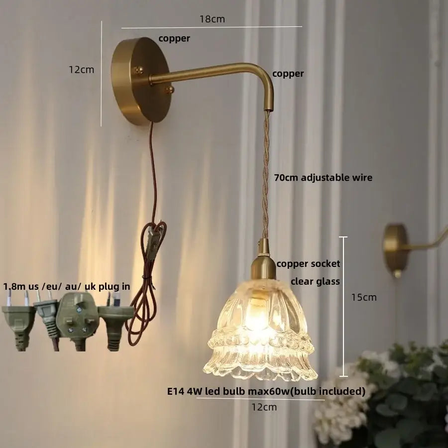 Modern antique brass amber glass led wall light bedroom sconce