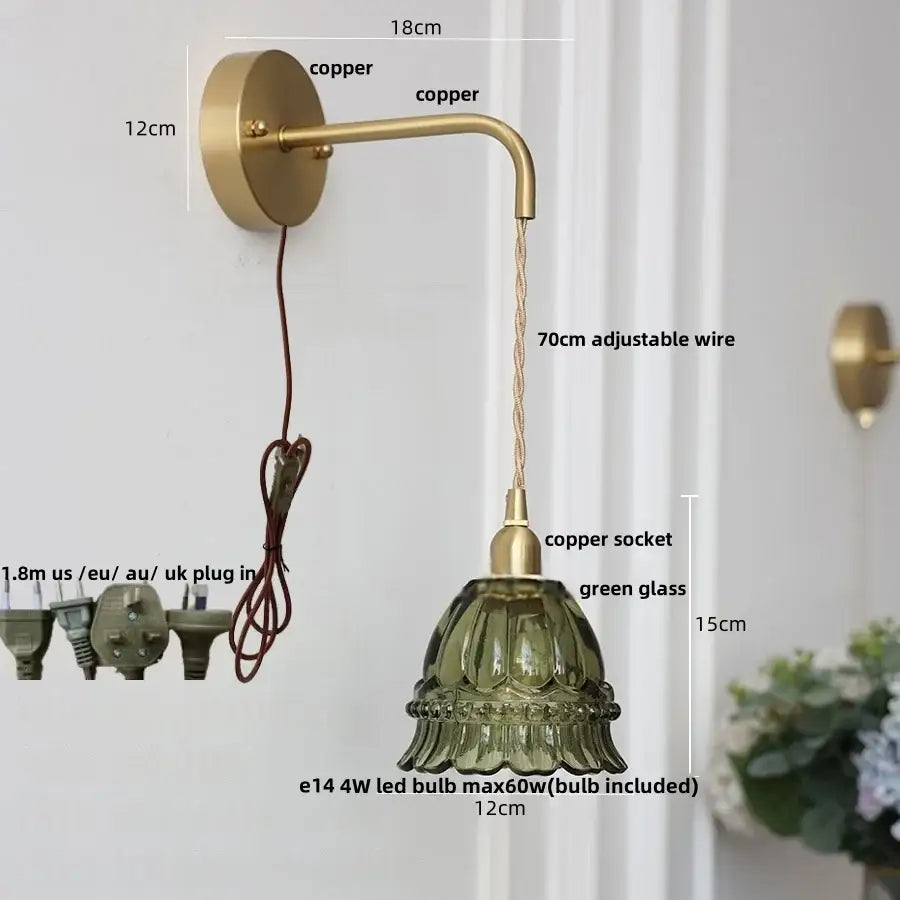 Modern antique brass amber glass led wall light bedroom sconce