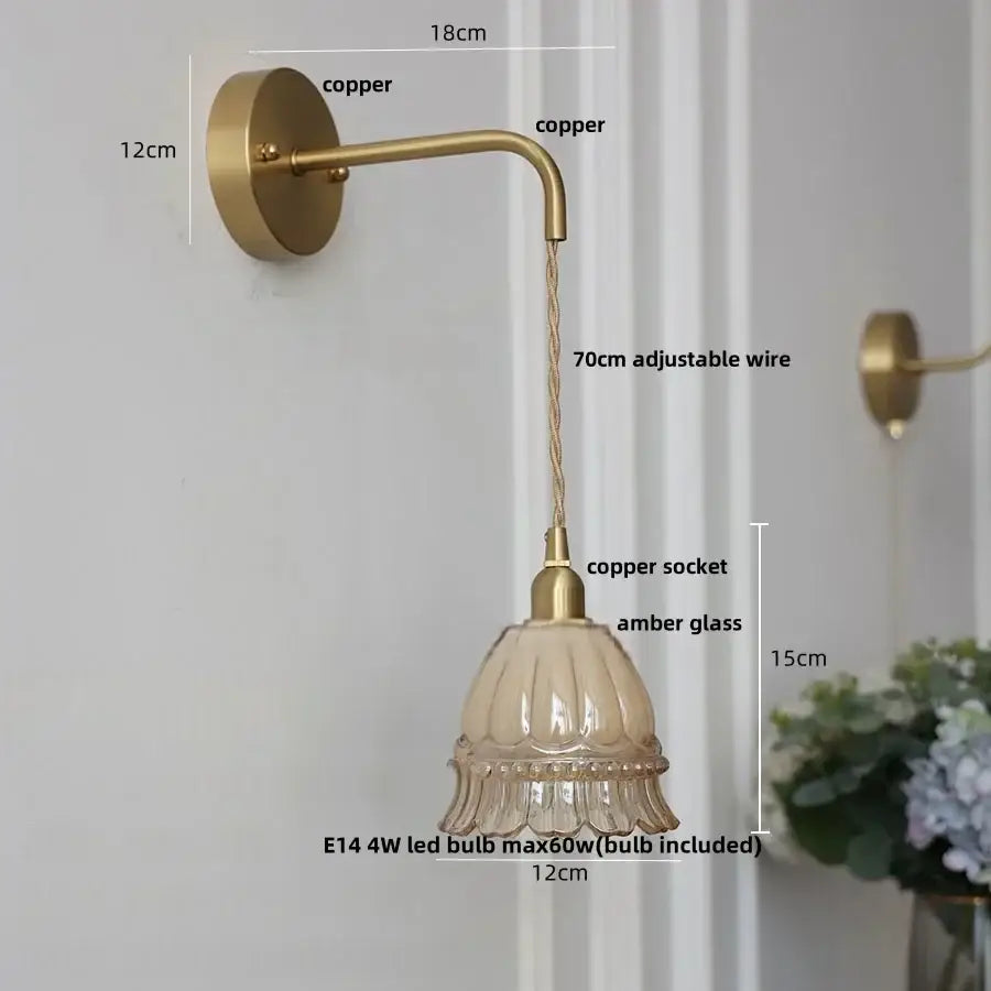 Modern antique brass amber glass led wall light bedroom sconce