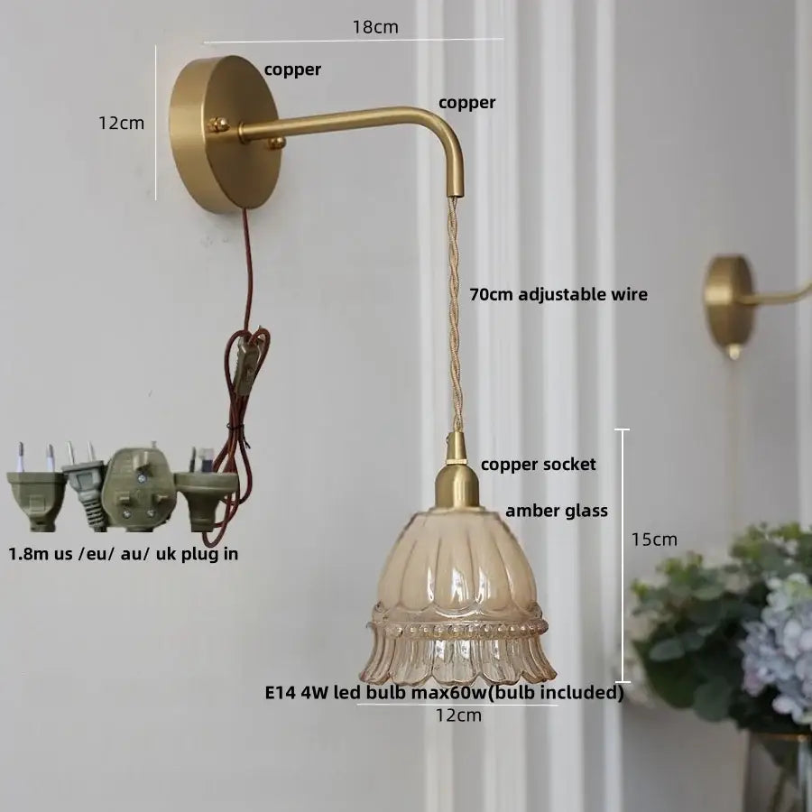 Modern antique brass amber glass led wall light bedroom sconce
