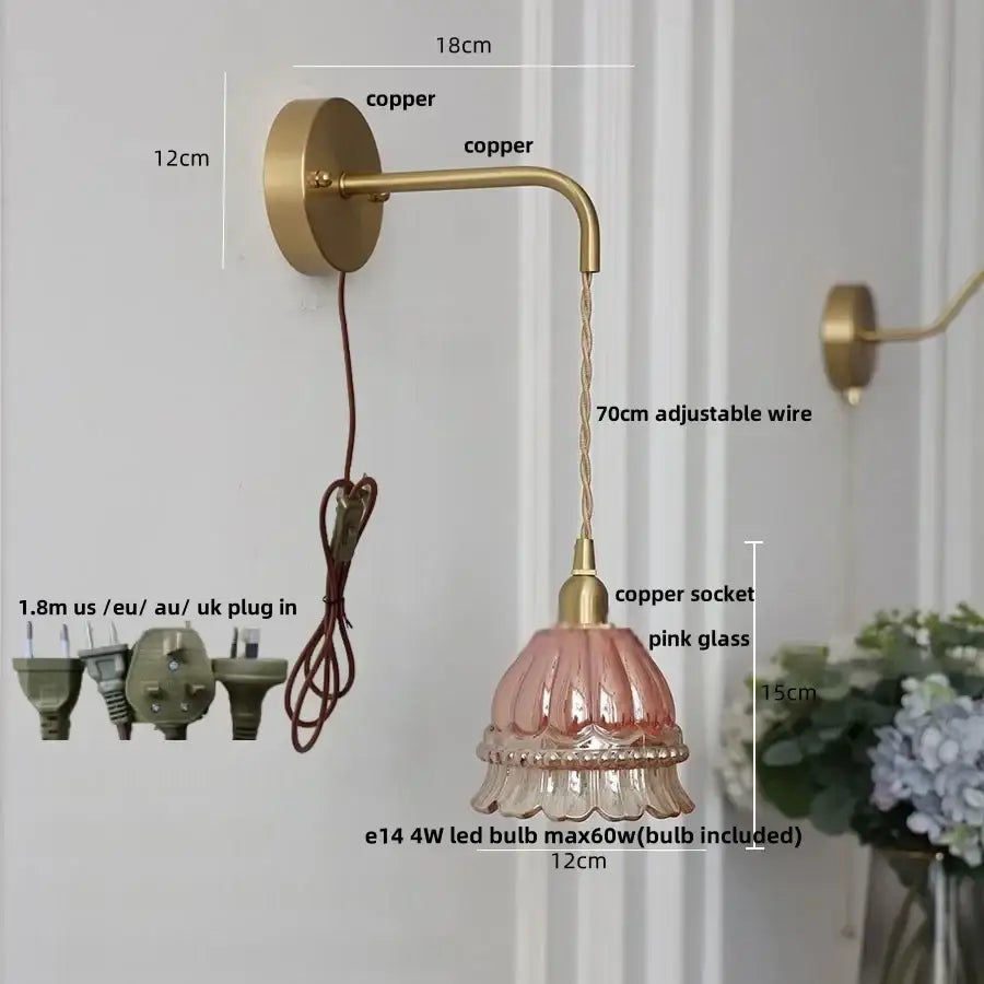 Modern antique brass amber glass led wall light bedroom sconce