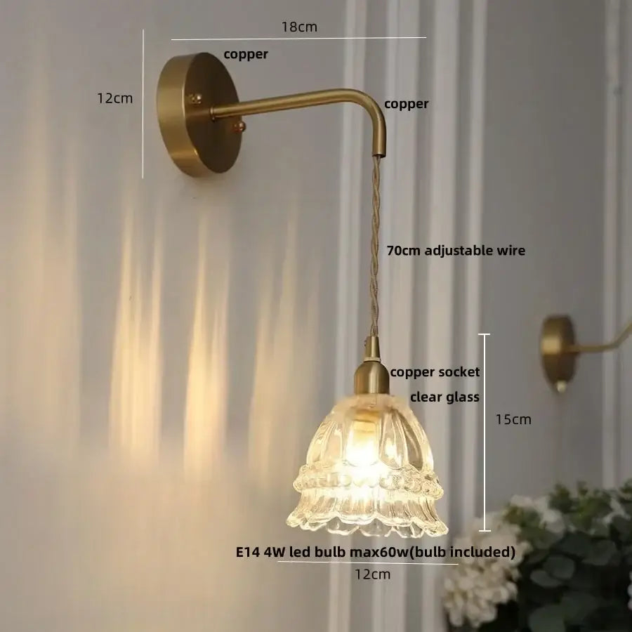 Modern antique brass amber glass led wall light bedroom sconce
