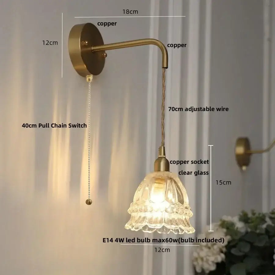 Modern antique brass amber glass led wall light bedroom sconce