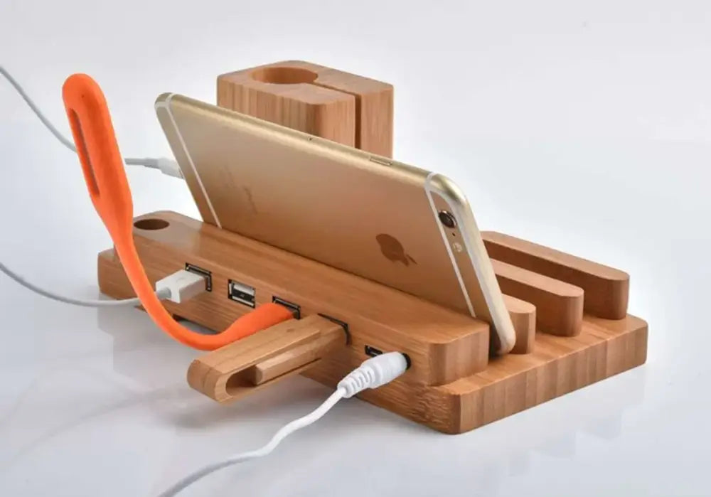 Modern bamboo base 3-in-1 charging stand with led lamp bedroom station
