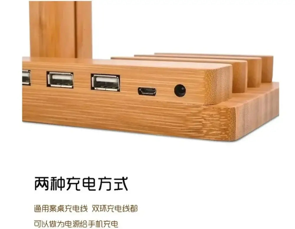 Modern bamboo base 3-in-1 charging stand with led lamp bedroom station