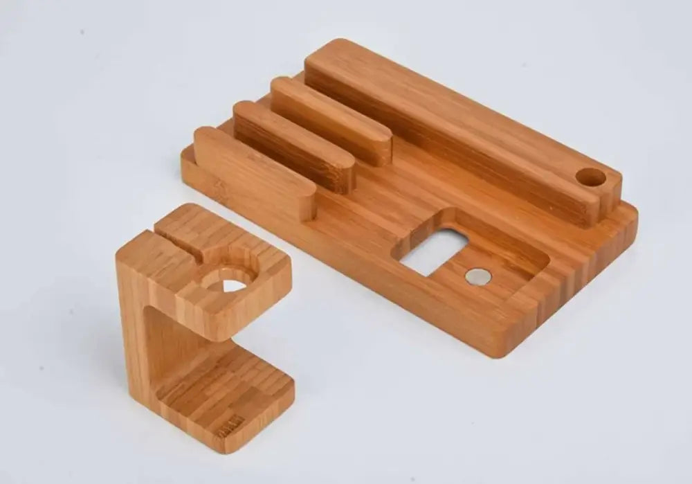 Modern bamboo base 3-in-1 charging stand with led lamp bedroom station