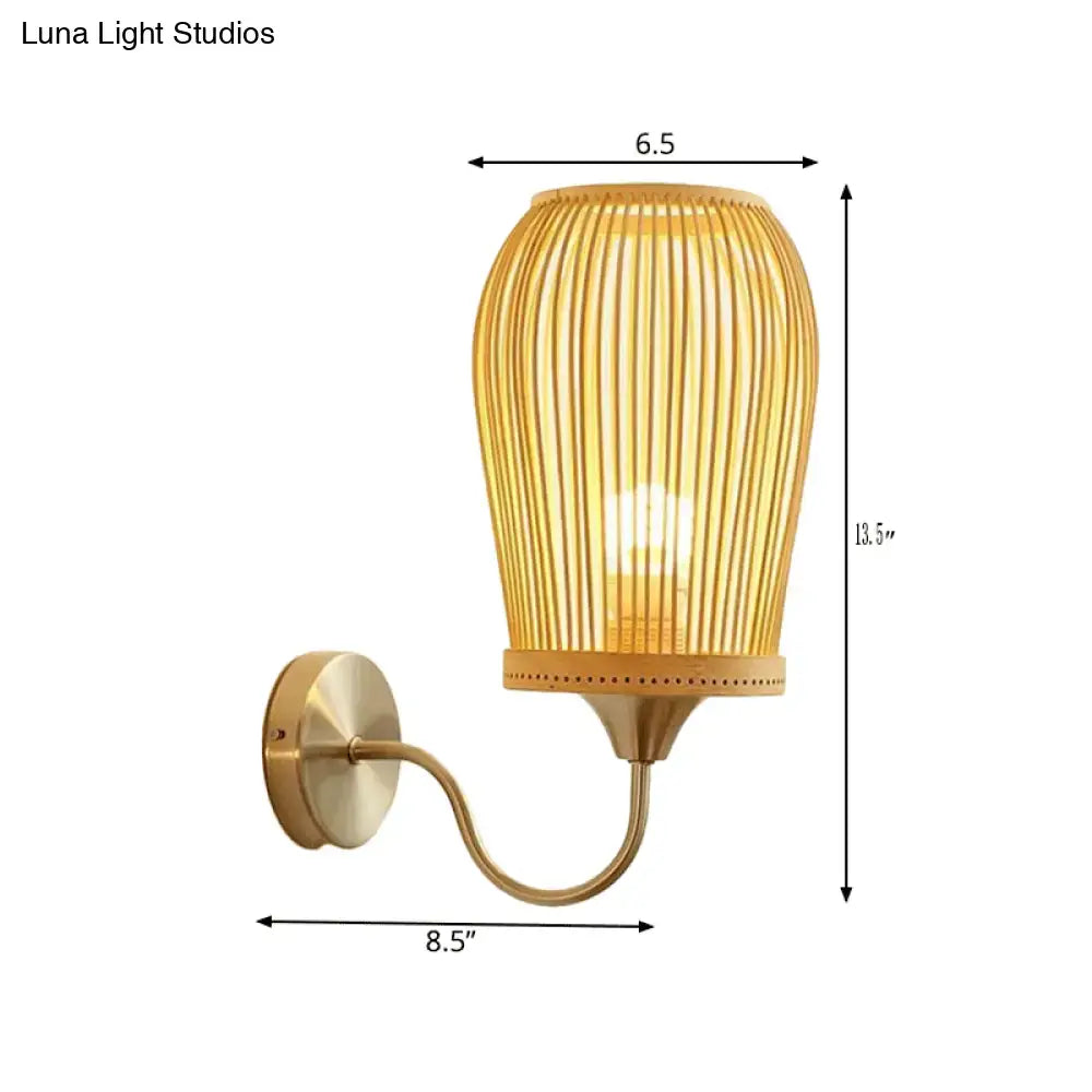 Modern bamboo cage wall sconce with metal gooseneck arm bedroom light