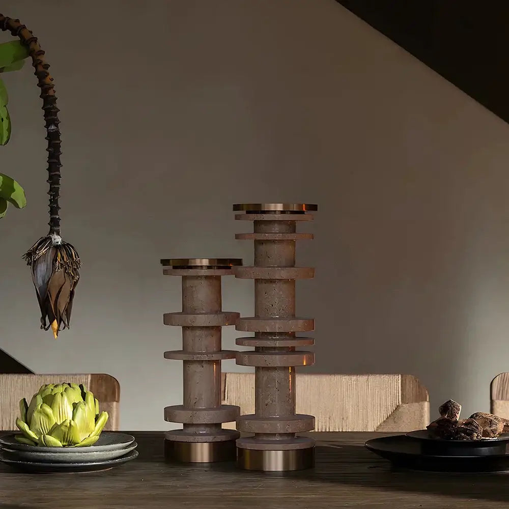 Modern beige & brown travertine candle holder with metal base dining room
