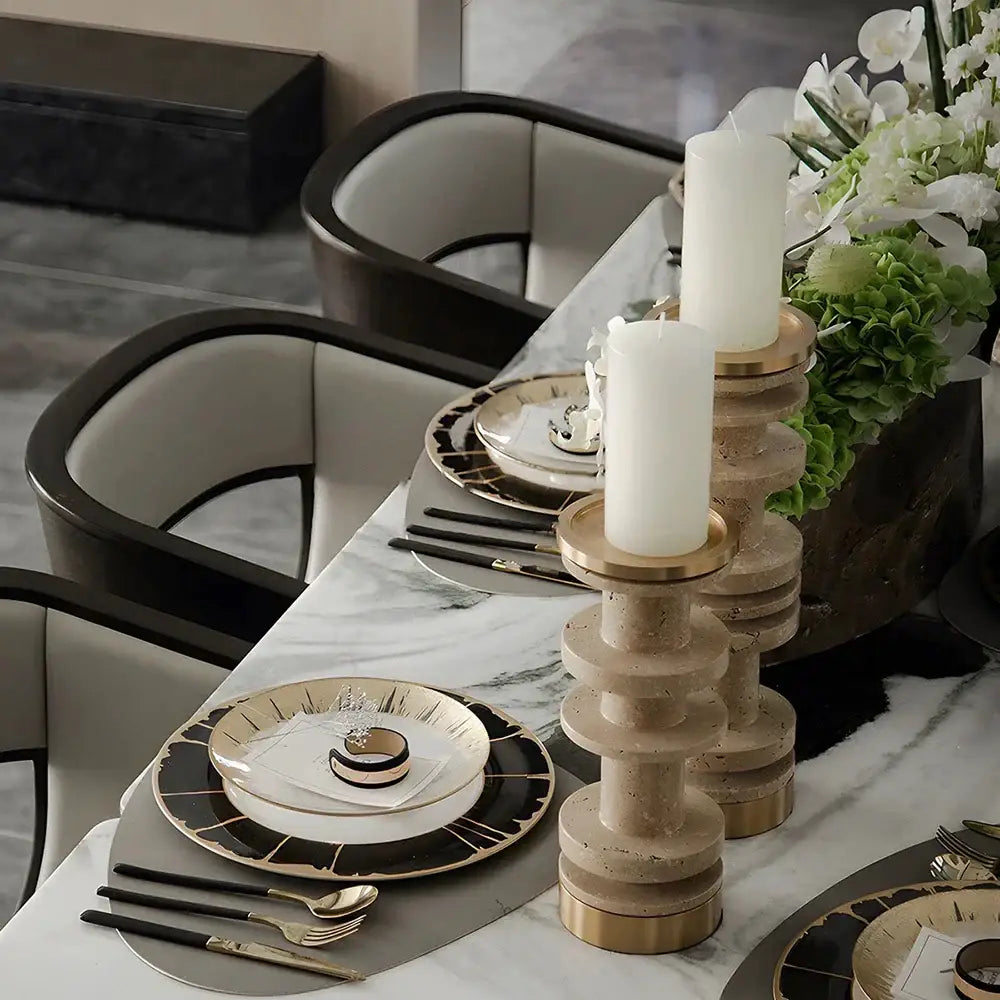 Modern beige & brown travertine candle holder with metal base dining room