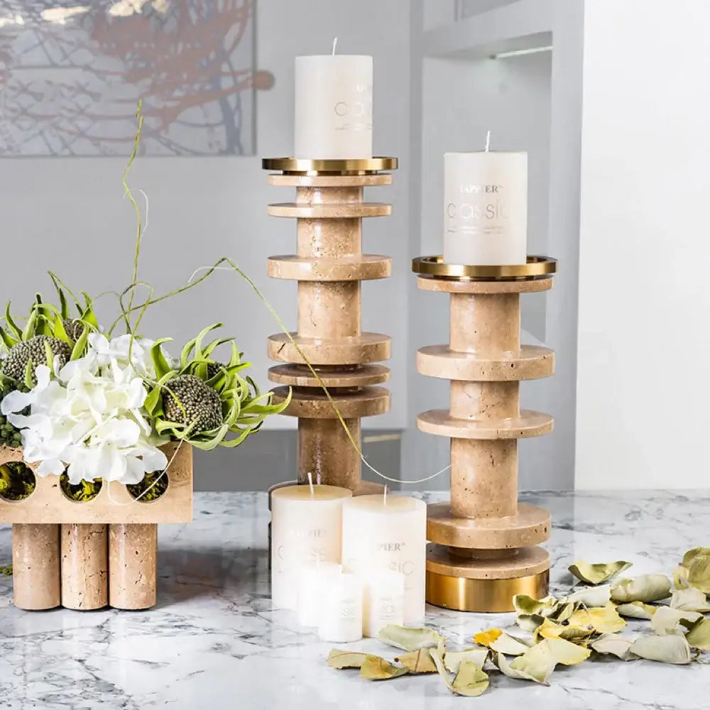 Modern beige & brown travertine candle holder with metal base dining room