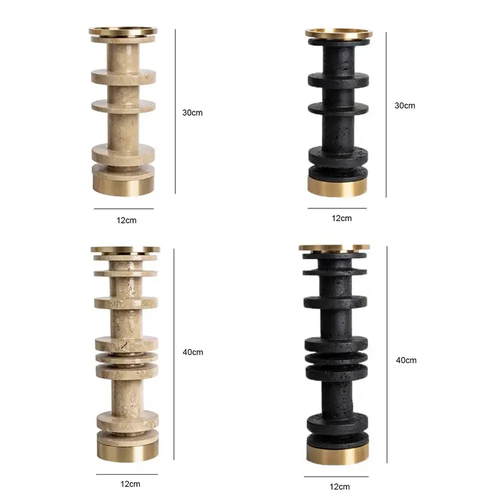 Modern beige & brown travertine candle holder with metal base dining room